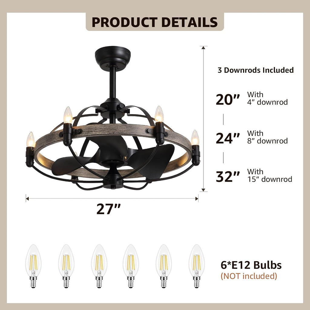 27'' Farmhouse Cage Ceiling Fan with Light Remote Control, Ash Brown Rustic Ceiling Fan with Lights,Vintage Chandelier Fan for Kitchen Dining Room Living Room