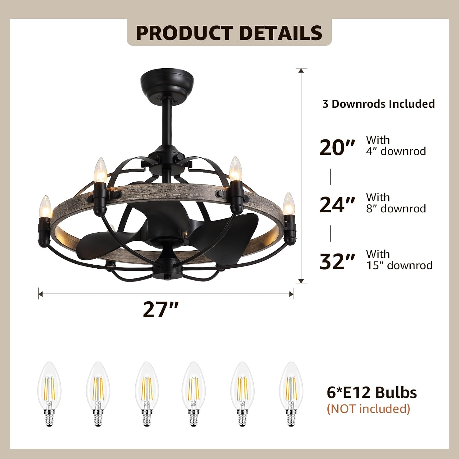 27'' Farmhouse Cage Ceiling Fan with Light Remote Control, Ash Brown Rustic Ceiling Fan with Lights,Vintage Chandelier Fan for Kitchen Dining Room Living Room