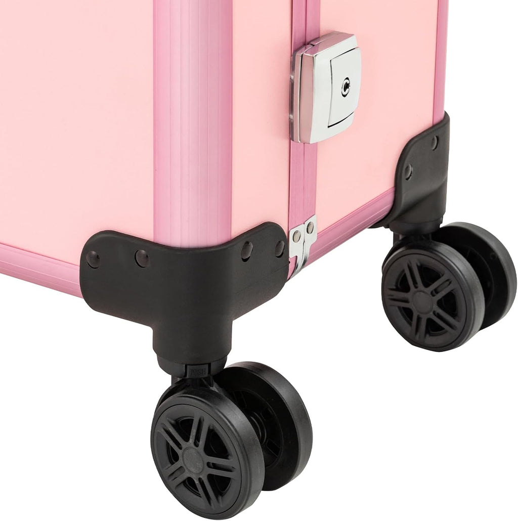 Rolling Makeup Train Case, 21'' Aluminum Trolley Makeup Train Case with LED Light & Adjustable Legs Lighted Makeup Vanity Station with 4 Removable Wheels for Professional Makeup Artists (Rose)