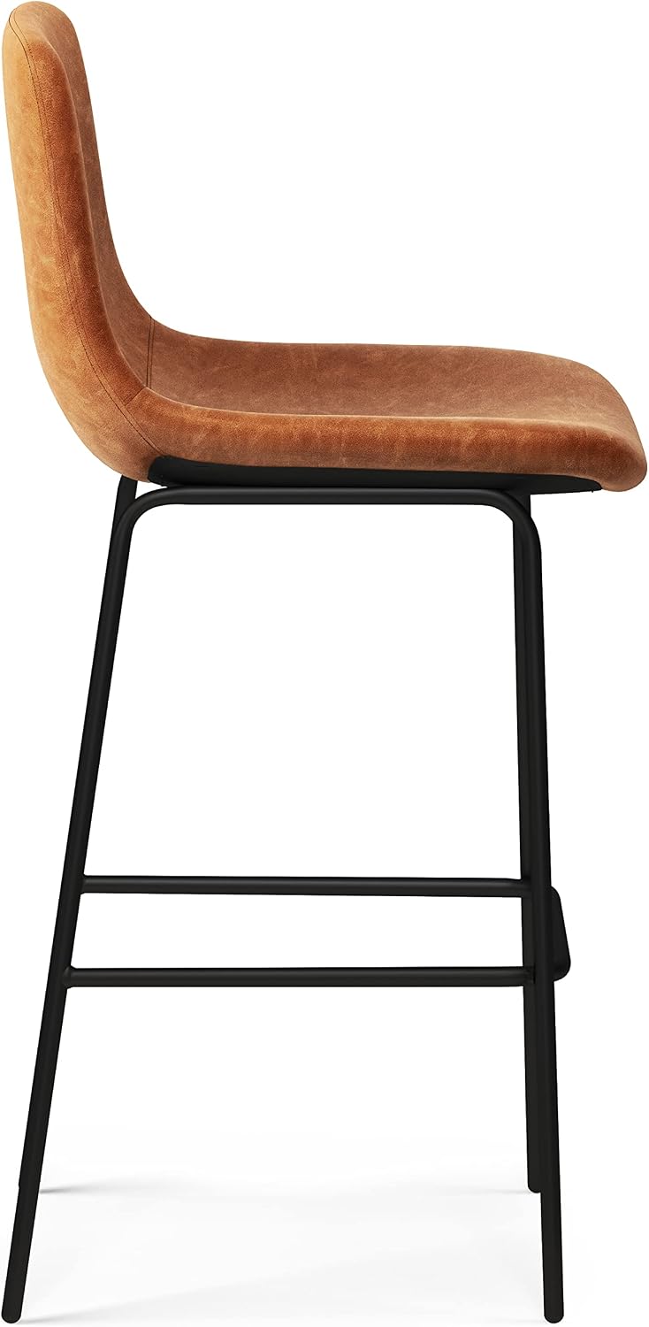SIMPLIHOME Jolie Contemporary 28 inch Bar Stool (Set of 2) in Camel Brown Vegan Faux Leather for the Dining Room and Kitchen