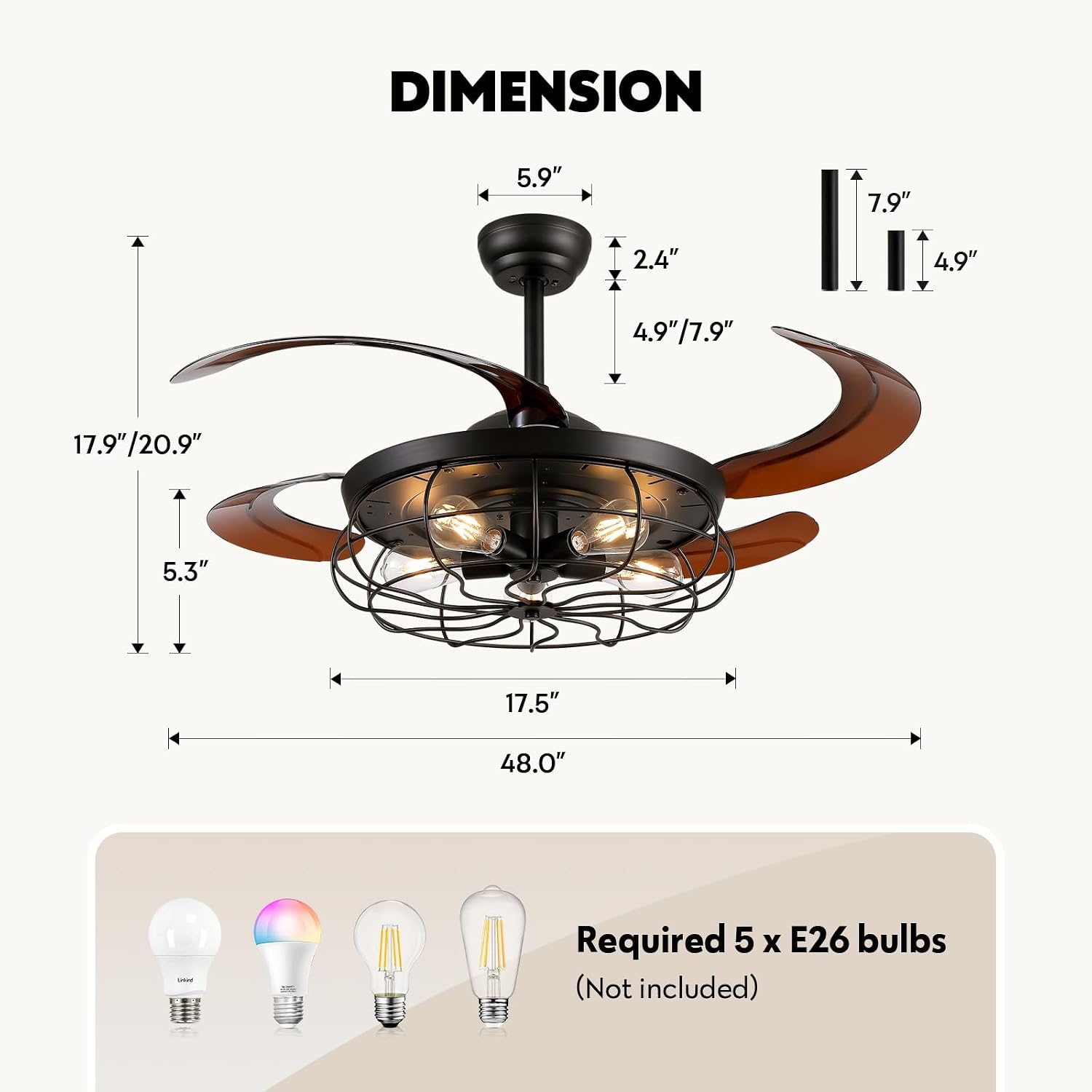 48' Industrial Caged Ceiling Fan with Light and Remote, Vintage Retractable Blades Ceiling Fan with Lights, Farmhouse Black Fandelier for Bedroom Living Room Dining Room
