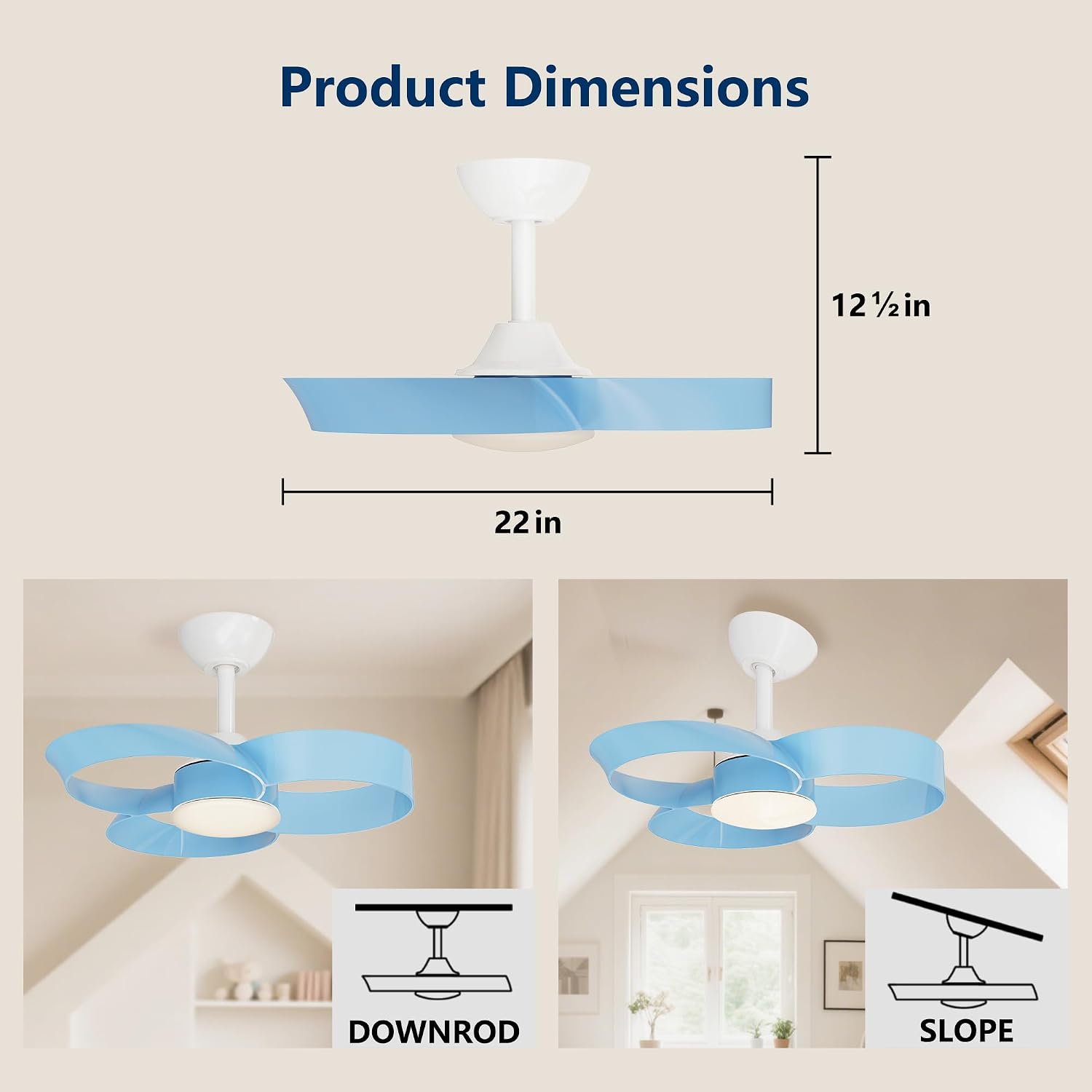 FANX 22 Inch Ceiling Fan with Light and Remote, Quiet DC Motor, Dimmable LED, Reversible 3-Speed Control, Easy Installation Downrod Fan for Small Rooms (Blue)