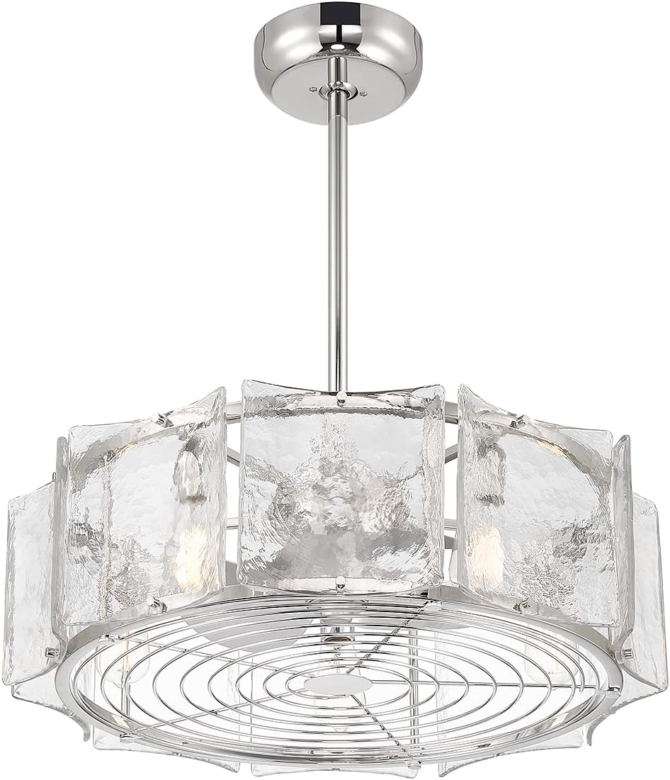 Savoy House 27-FD-8201-109 Genry Fandelier Coastal Clear Water Piastra Glass Drum Chandelier Ceiling Fan with Light and Remote, 5-Light 40 Total Watts, 17' H x 27' W, Polished Nickel