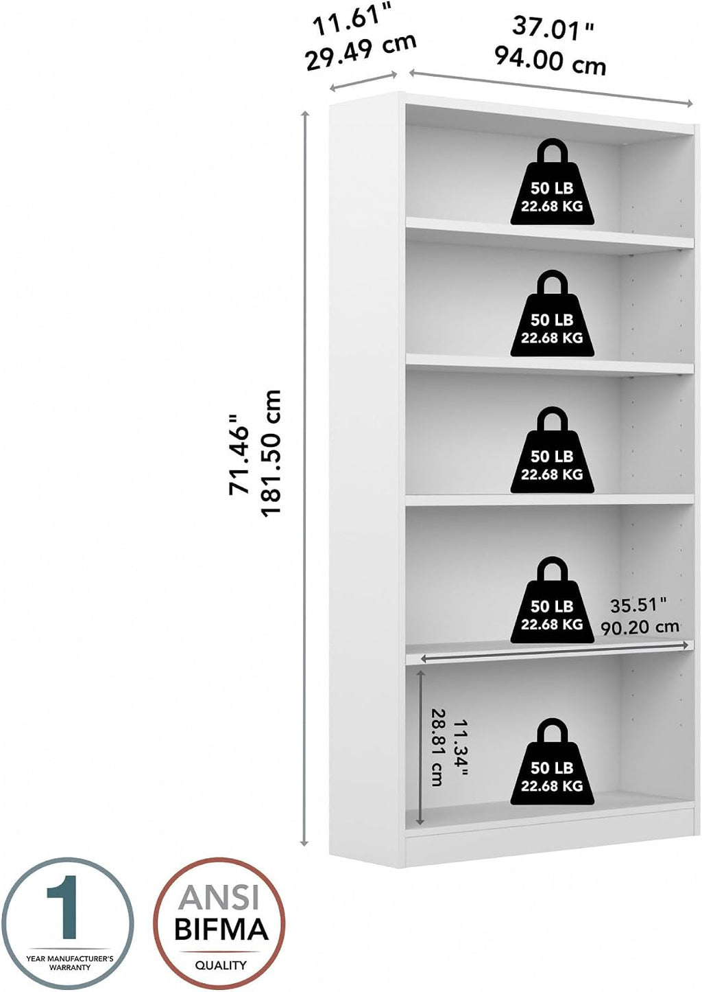 Bush Home Tall 5 Shelf Bookcase, 5 Tier Bookshelf Storage Cabinet with Adjustable Shelves for Living Room, Bedroom or Home Office, Universal Collection, White