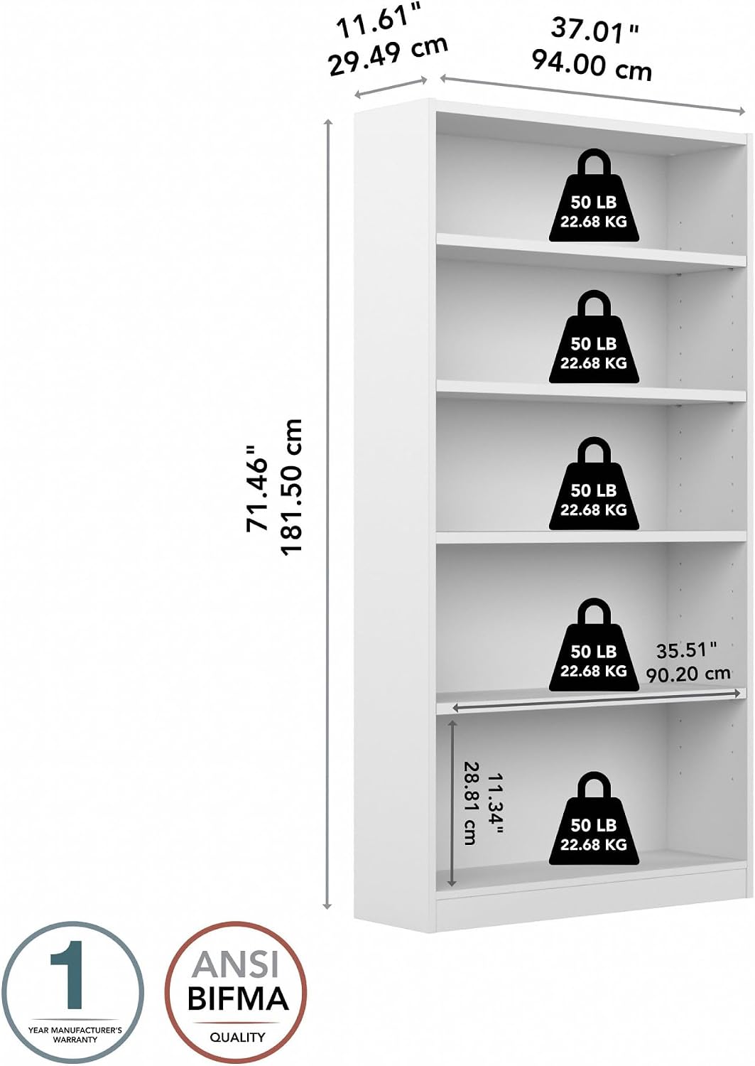 Bush Home Tall 5 Shelf Bookcase, 5 Tier Bookshelf Storage Cabinet with Adjustable Shelves for Living Room, Bedroom or Home Office, Universal Collection, White