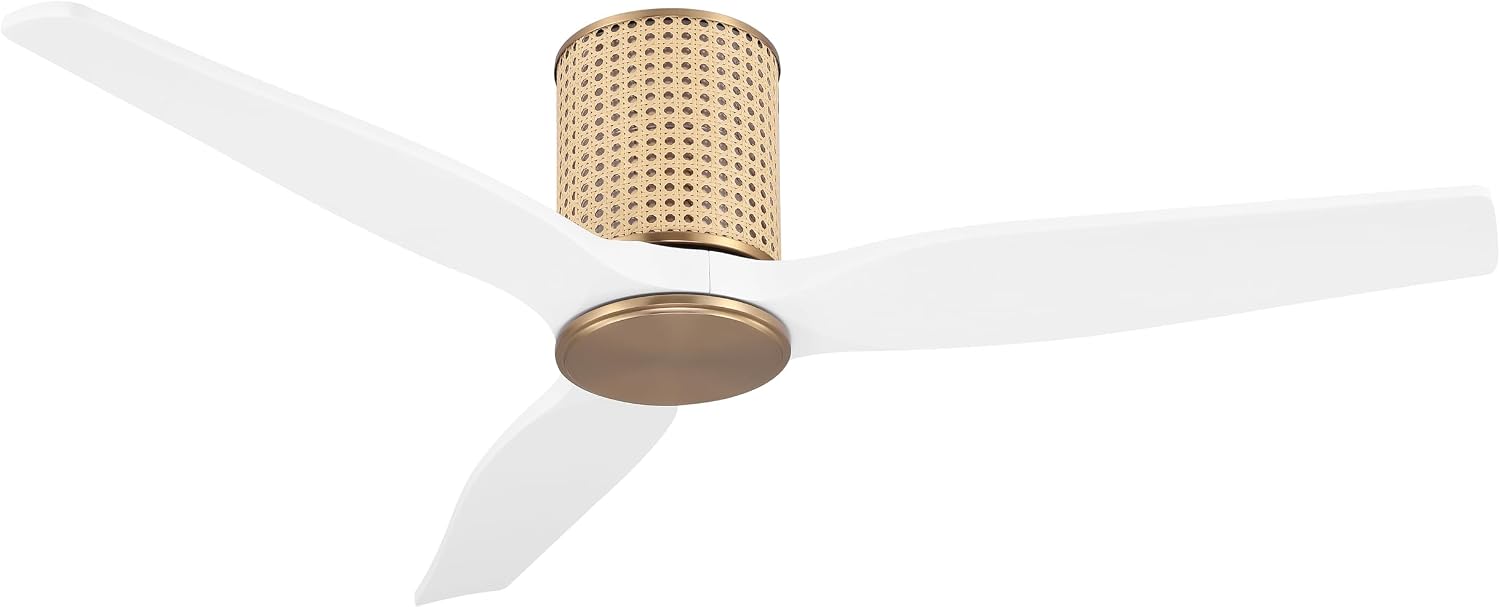 LEDLUX 48' Ceiling Fan No Light - Low Profile Flush Mount Ceiling Fan, 6-Speed Remote Control, Solid Wood, Quiet Reversible DC Motor, White/Gold Finish, for Bedroom, Living Room, Porch