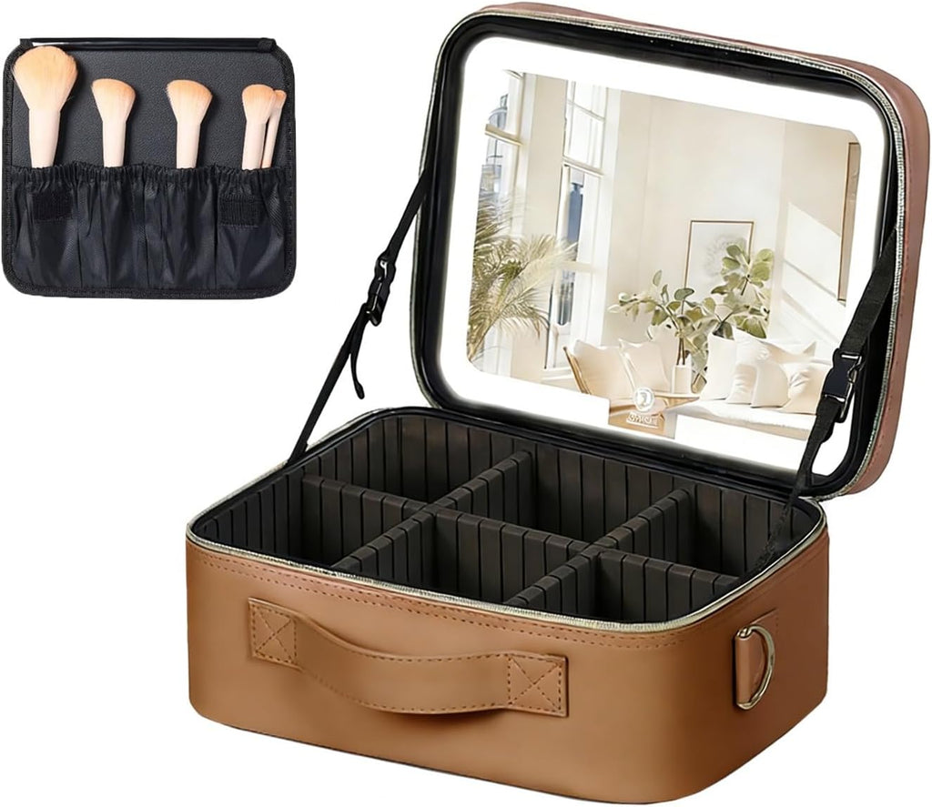 HJXGQJM Travel Makeup Bag with Led Light Mirror, Large Capacity Cosmetic Organizer Vanity Travel Case for Make Up with Adjustable Compartment，Tri-Colour Light Source