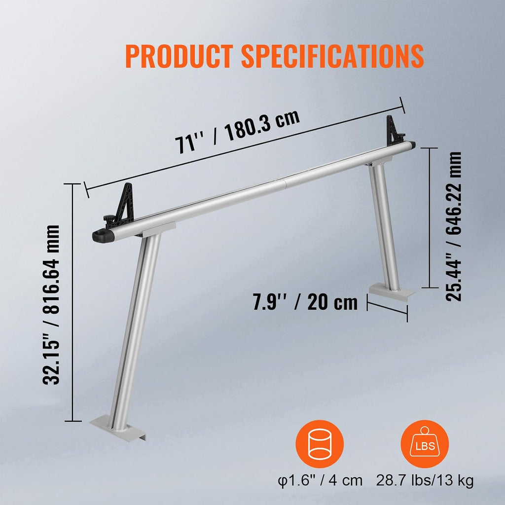 VEVOR Truck Rack, 800 lbs Capacity, 71'x32' Aluminum Ladder Rack for Truck with 8 Non-Drilling C-Clamps, Heavy Duty Truck Bed Rack Two-Bar Set for Kayak, Surfboard, Lumber, Ladder