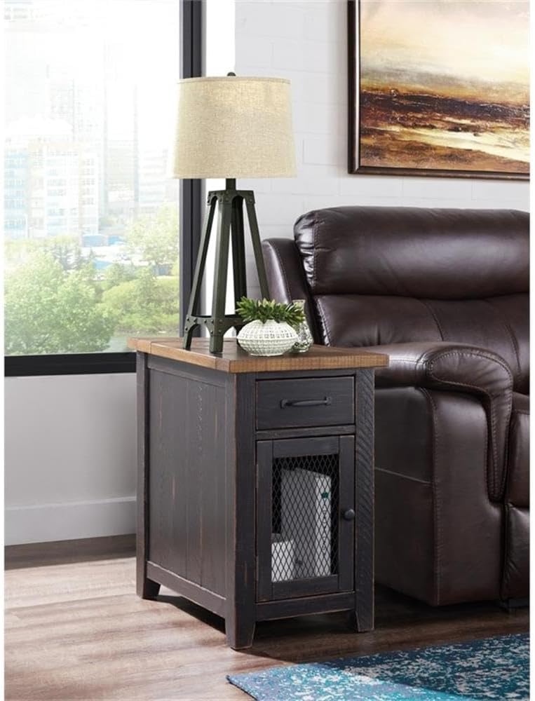 Martin Svensson Home Chairside Table - Antique Black and Honey - Rustic Style - with One Drawer and Cabinet for Storage