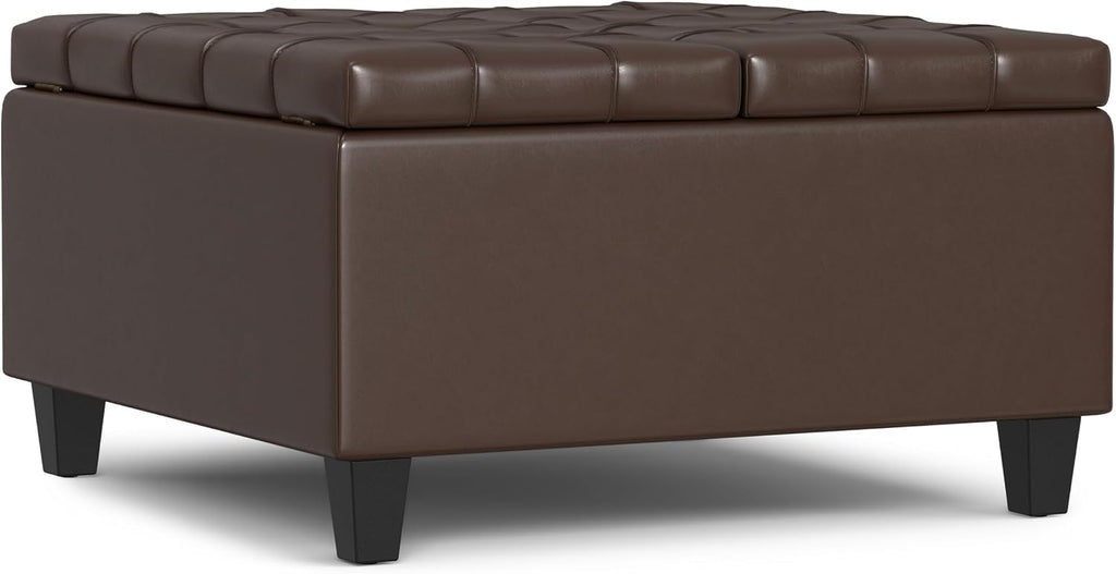 SIMPLIHOME Harrison Small Coffee Table Storage Ottoman - 30 inch Wide Upholstered Vegan Leather Square Lift-Top Ottoman in Chocolate Brown, Transitional Ottoman for Living Room with Hidden Storage