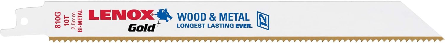 LENOX Tools 21079B810GR Gold Power Arc Reciprocating Saw Blade, For Thick Metal, Wood, Plastic, Medium Metal, Thin Metal Cutting, 8-inch, 10 TPI, 25-Pack