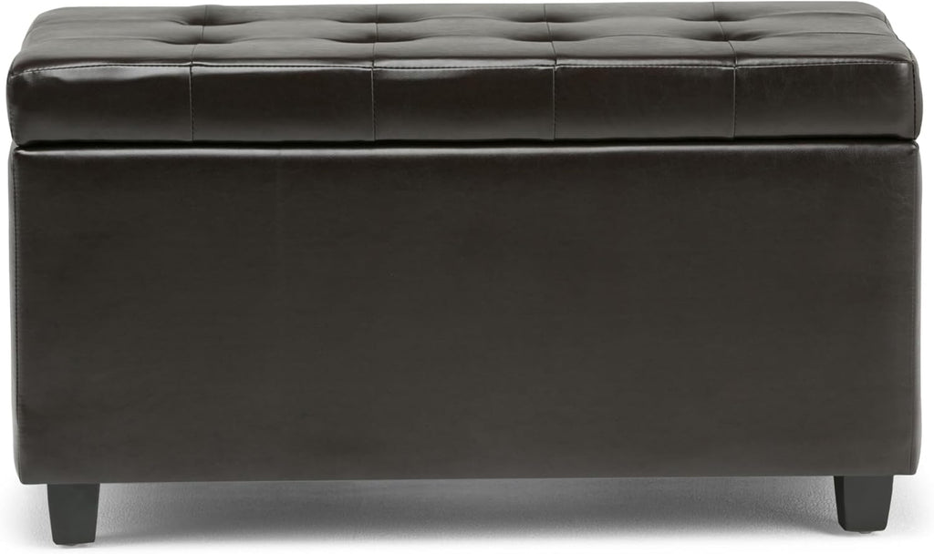 SIMPLIHOME Cosmopolitan Storage Ottoman - 34 inch Wide Upholstered Vegan Leather Rectangle Storage Ottoman Bench in Tanners Brown, Transitional Tufted Ottoman for Living Room with Lift-Up Lid