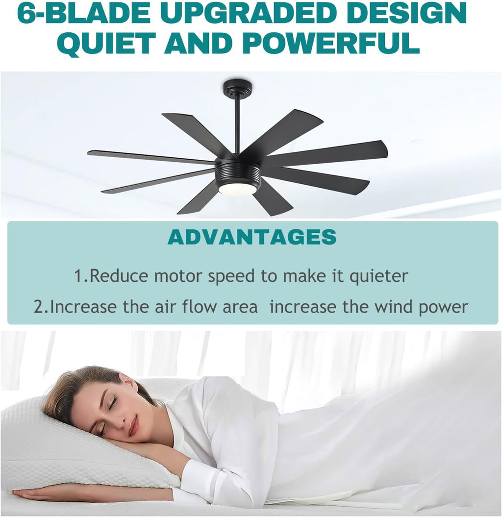 SHOWDI Black Ceiling Fans with Lights and Remote, Quick Installation, 60 in | 2 Blade Color, Metal Material, App Remote Control, Timer, Reversible, 3CCT, Dimmable for Bedroom, Living room, Indoor