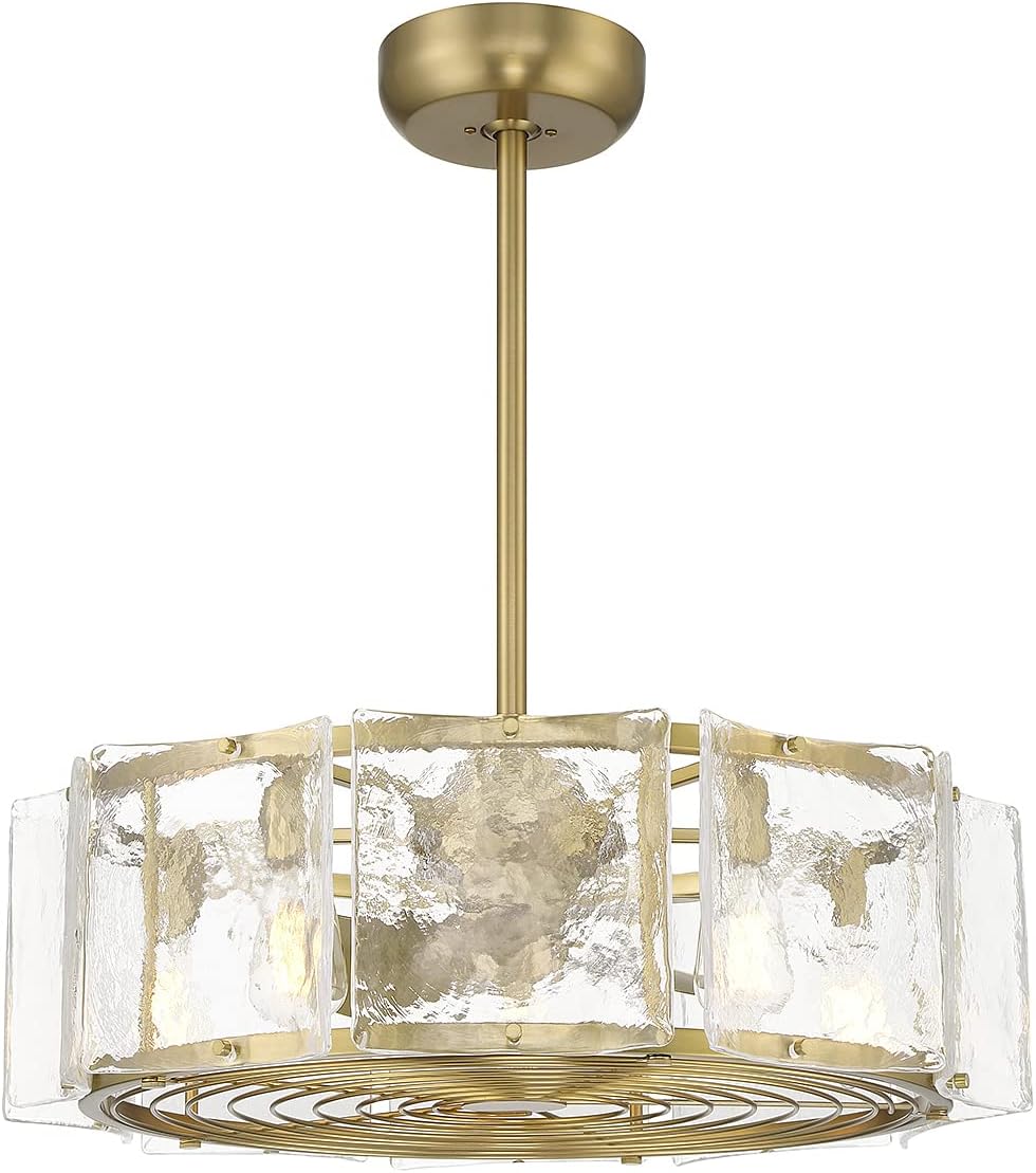 Savoy House 27-FD-8201-322 Genry Fandelier Coastal Clear Water Piastra Glass Drum Chandelier Ceiling Fan with Light and Remote, 5-Light 40 Total Watts, 17' H x 27' W, Warm Brass