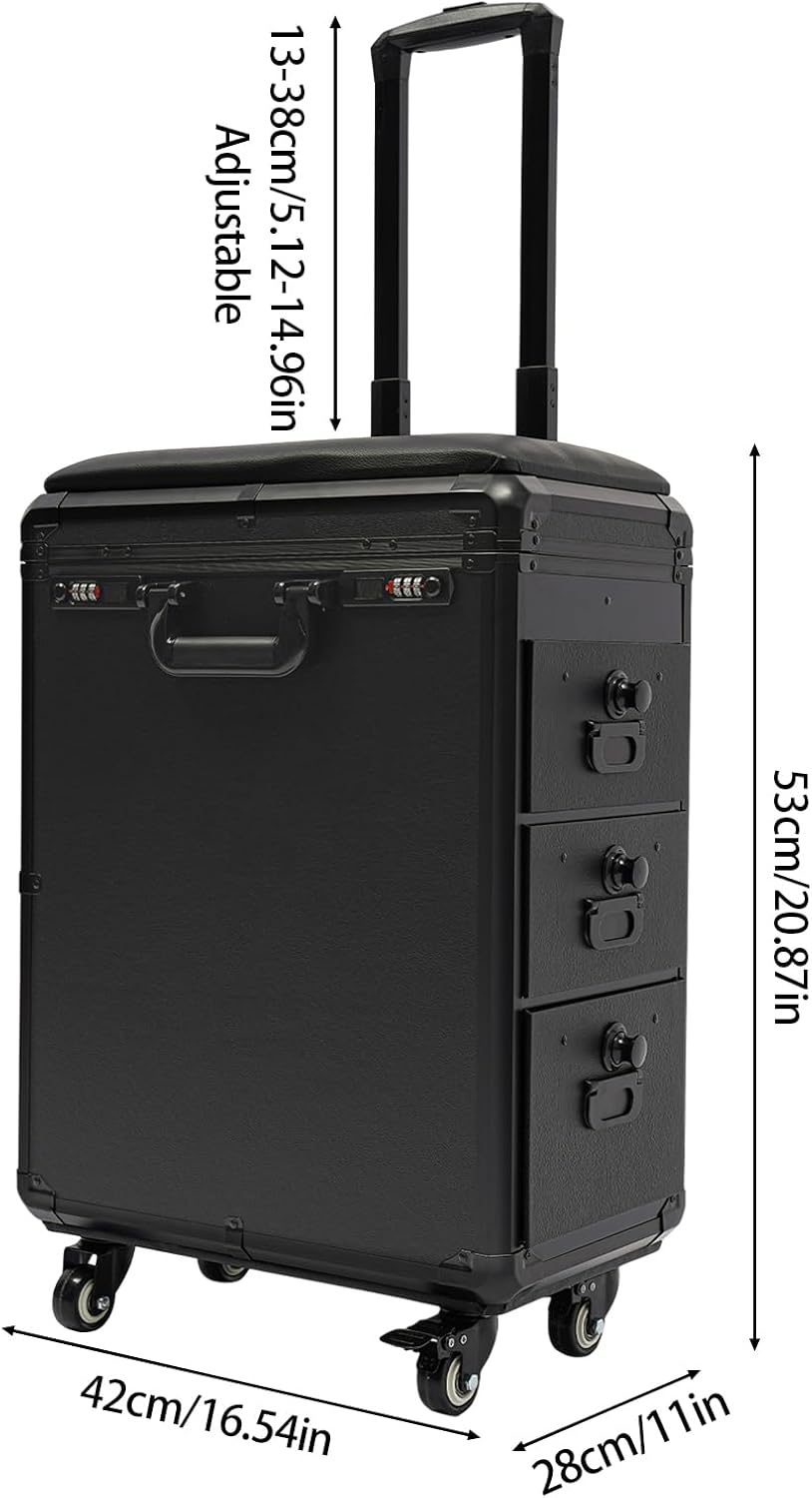 Rolling Makeup Case, Tattoo Trolley Case with Tattoo Armrest Stand & 3 Drawers & Code Lock Portable Travel Case with 4 Universal Wheels Adjustable Tattoo Workstation Tattoo Station Suitcase