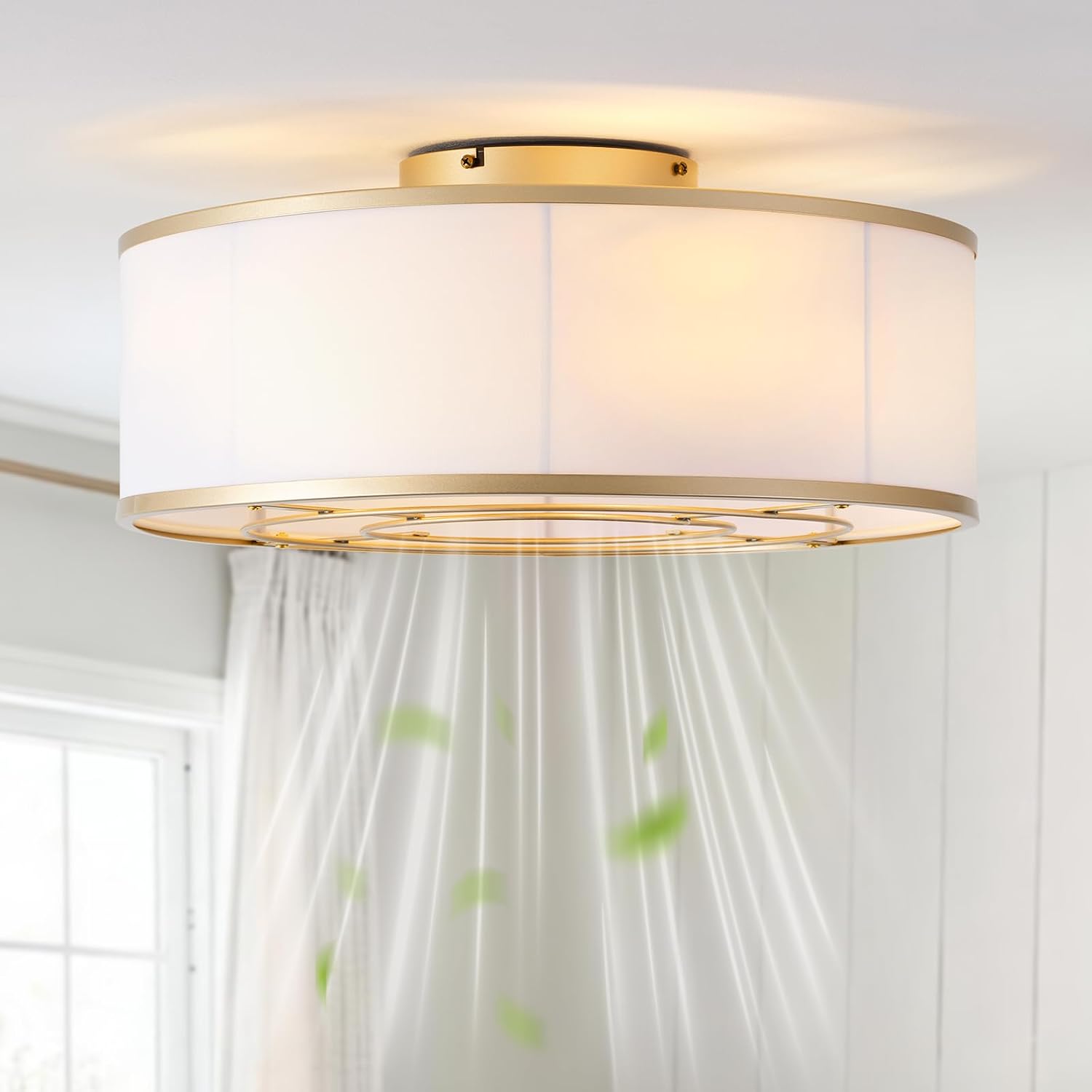 Caged Low Profile Ceiling Fans with Lights, Bladeless Ceiling Fan with lights Remote, Flush Mount Modern Enclosed with 6 Speeds for Bedroom, Kitchen (Gold)