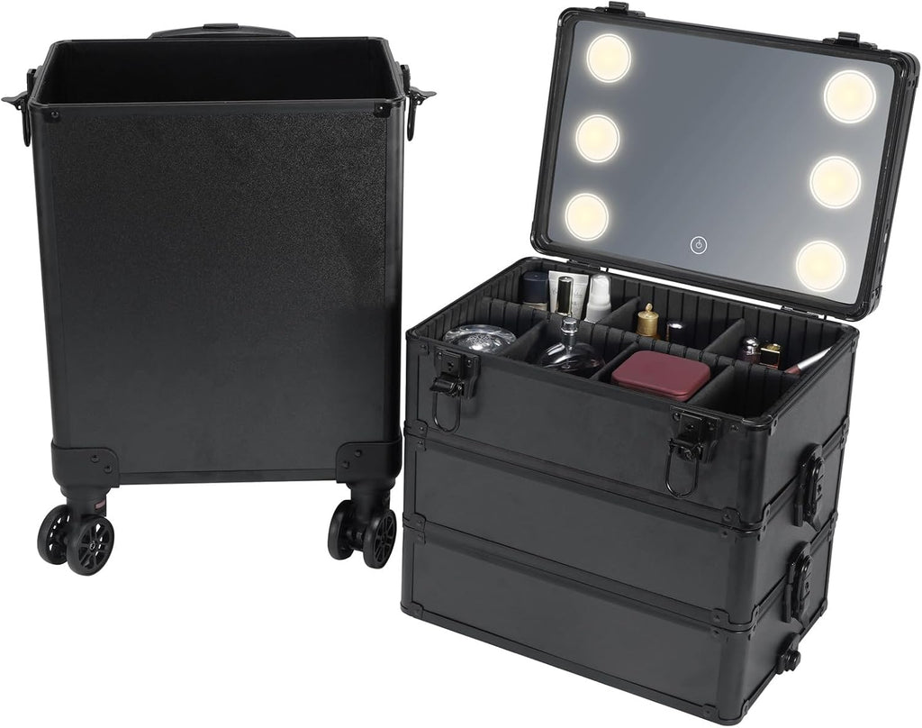 Karl home 4 in 1 Makeup Train Case with 3 Color LED Light Mirror, Rolling Cosmetic Trolley Travel Organizer with Key 360° Swivel Wheels for Beauticians Hairstylists Nail Tech Students, Black