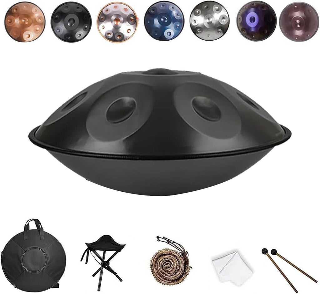 Handpan Instrument 432Hz/440Hz in D Minor Kurd, Steel Handpan 22 Inches, 9/10/12 Notes Handpan Drum with Mallets and Soft Bag, Suitable for Professional Performance(Black,432HZ/10Note)