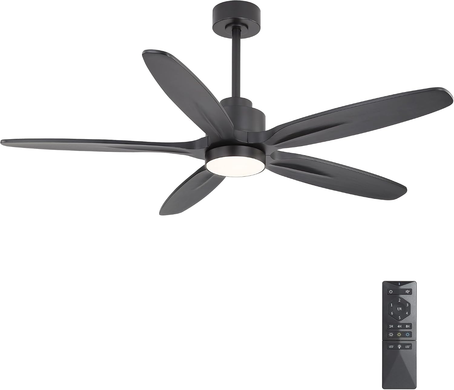 WINGBO 54' Ceiling Fan with Light - 5 Carved Solid Wood Blades, 6-Speed Reversible DC Motor, Dimmable, 3CCT, Noiseless Remote Control Ceiling Fans with Lights for Bedroom Living Room, Matte Black