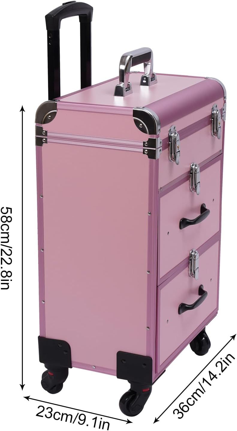 Professional Rolling Makeup Case Train Case Cosmetic Organizer Trolley Lockable Rolling Make-ups Case Storage Cart Makeup Train Case Cosmetology Case On Wheels (Pink|3 trays|Type B)