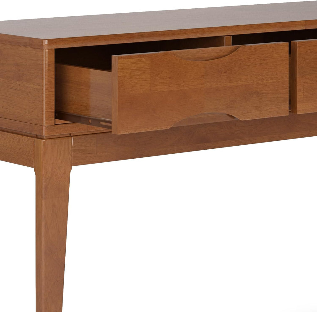 SIMPLIHOME Harper Console Table - 54 Inch Wide Solid Hardwood Sofa Table in Teak Brown, Mid-Century Modern Storage Table for Entryway or Living Room with 3 Drawers, Notched Handles, and Tapered Legs