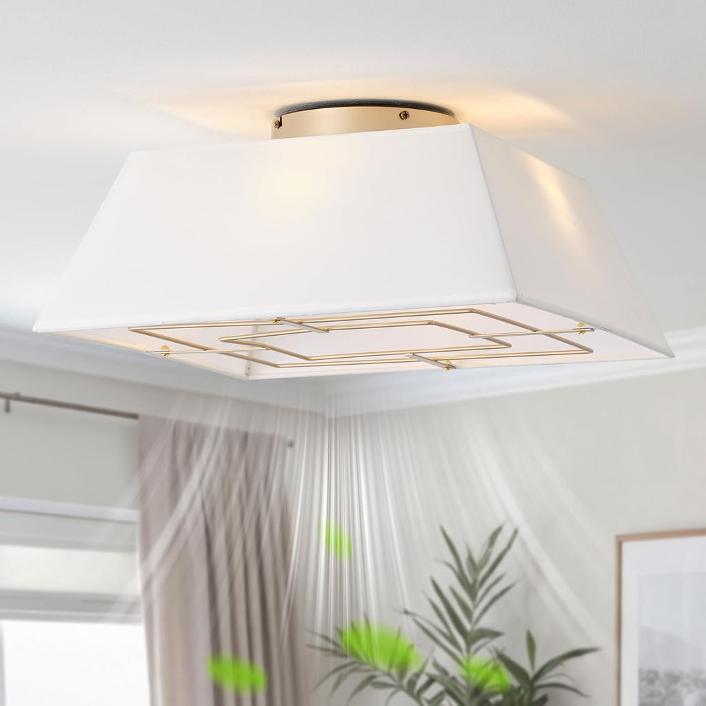 20' Boho Ceiling Fans with Lights Flush Mount, Bladeless Ceiling Fan with Light Remote Control, Square with 6 Speeds for Bedroom, Living Room, Nursery