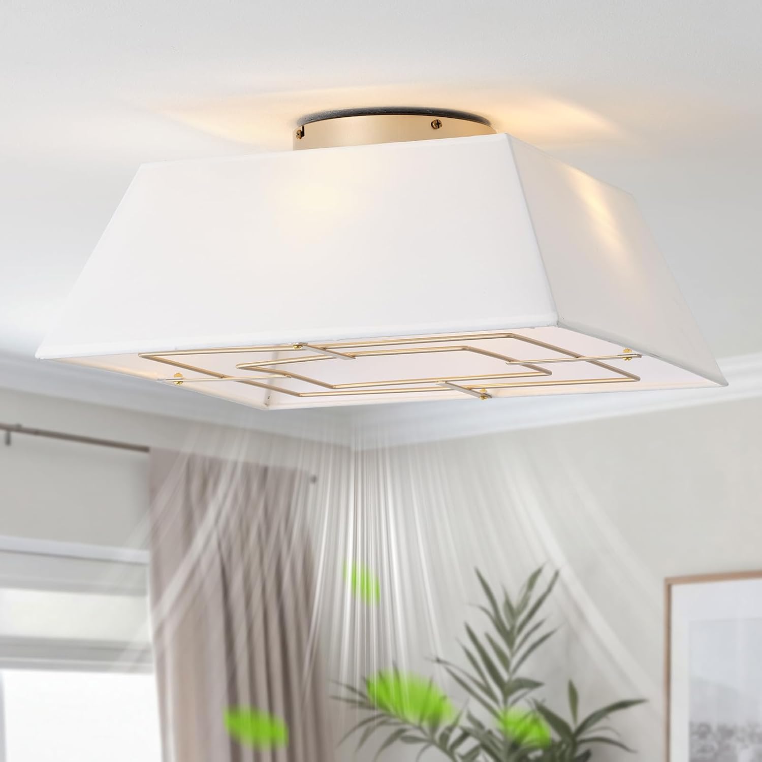 20' Boho Ceiling Fans with Lights Flush Mount, Bladeless Ceiling Fan with Light Remote Control, Square with 6 Speeds for Bedroom, Living Room, Nursery