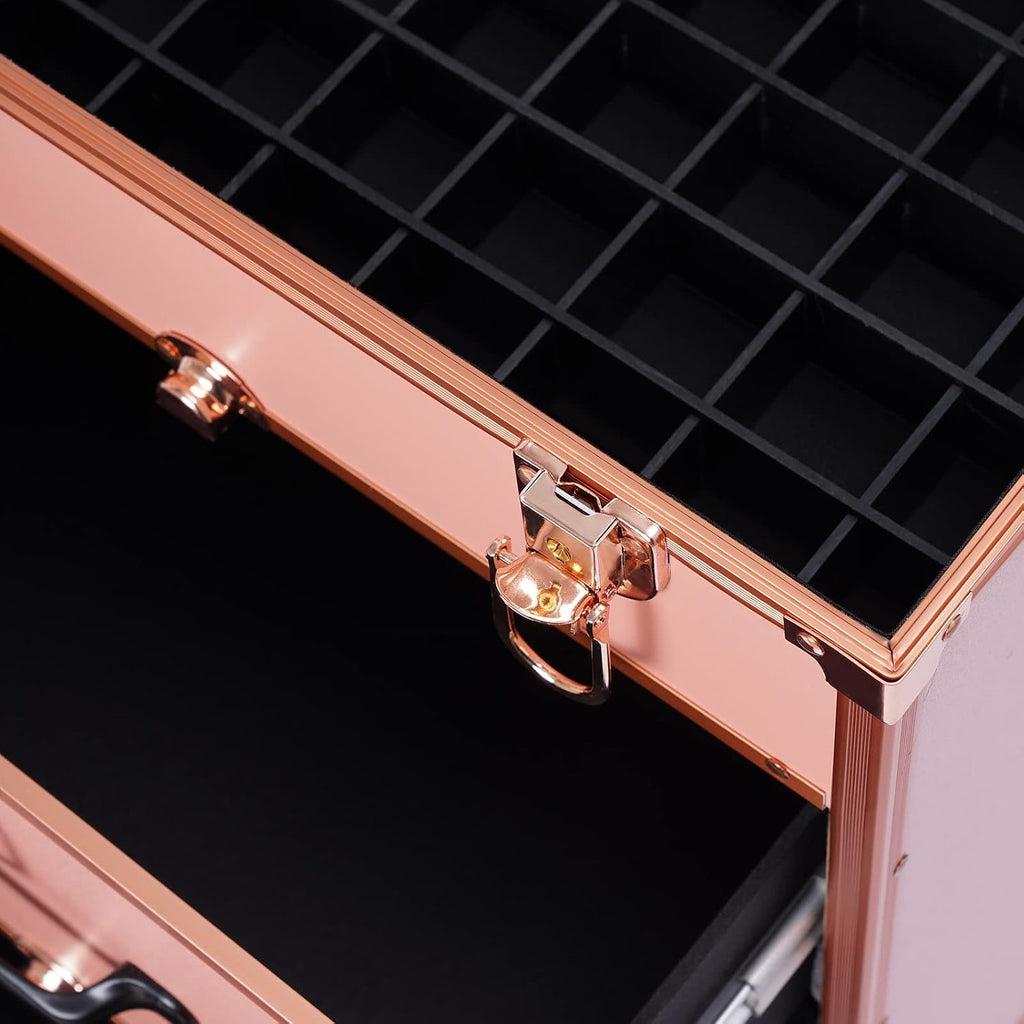 Professional Rolling Makeup Case Train Case Cosmetic Organizer Trolley Lockable Rolling Make-ups Case Storage Cart Makeup Train Case Cosmetology Case On Wheels (Gold|3 trays|Type B)