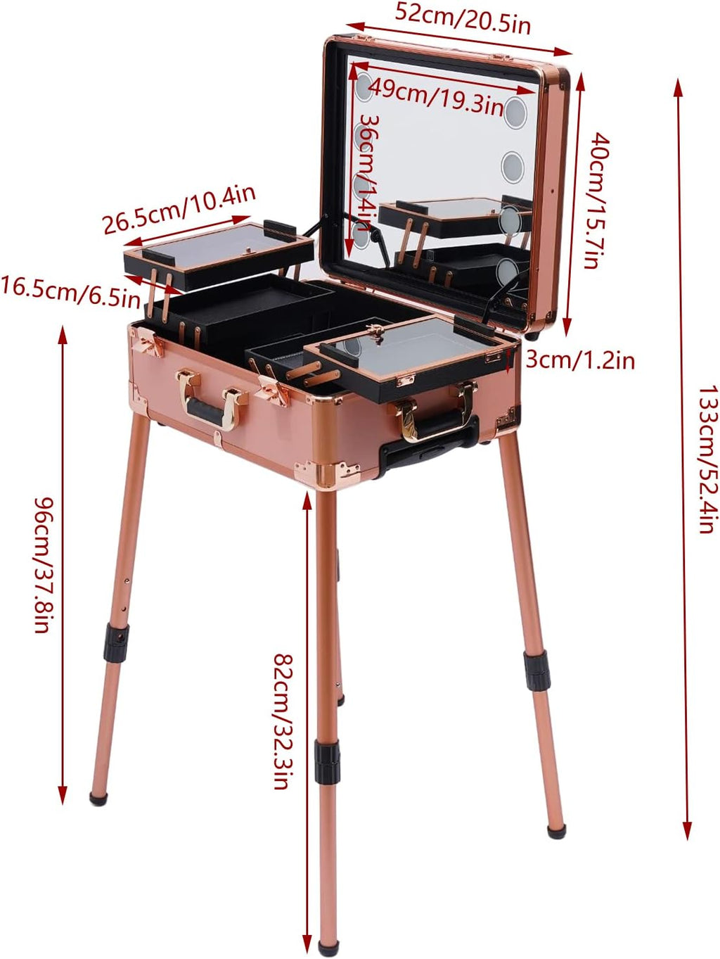 Rolling Makeup Case with LED Mirror & 3 Light Colors, 22'' Aluminum Trolley Makeup Train Case with Reinforced Lock, Cosmetic Organizer Case for Hairstylist (Rose Gold)