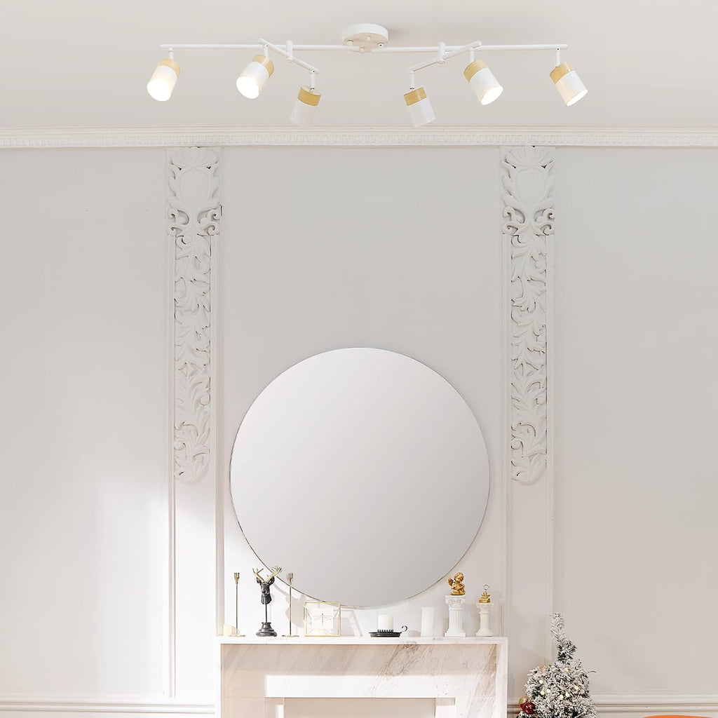 Globe Electric 64000055 42' 6-Light Track Lighting, Double Center Swivel Bar, Matte White, Wood Toned Accents, Ceiling Light, Pivot Shades, 6 Bulb, Kitchen Lights, GU10 Sockets