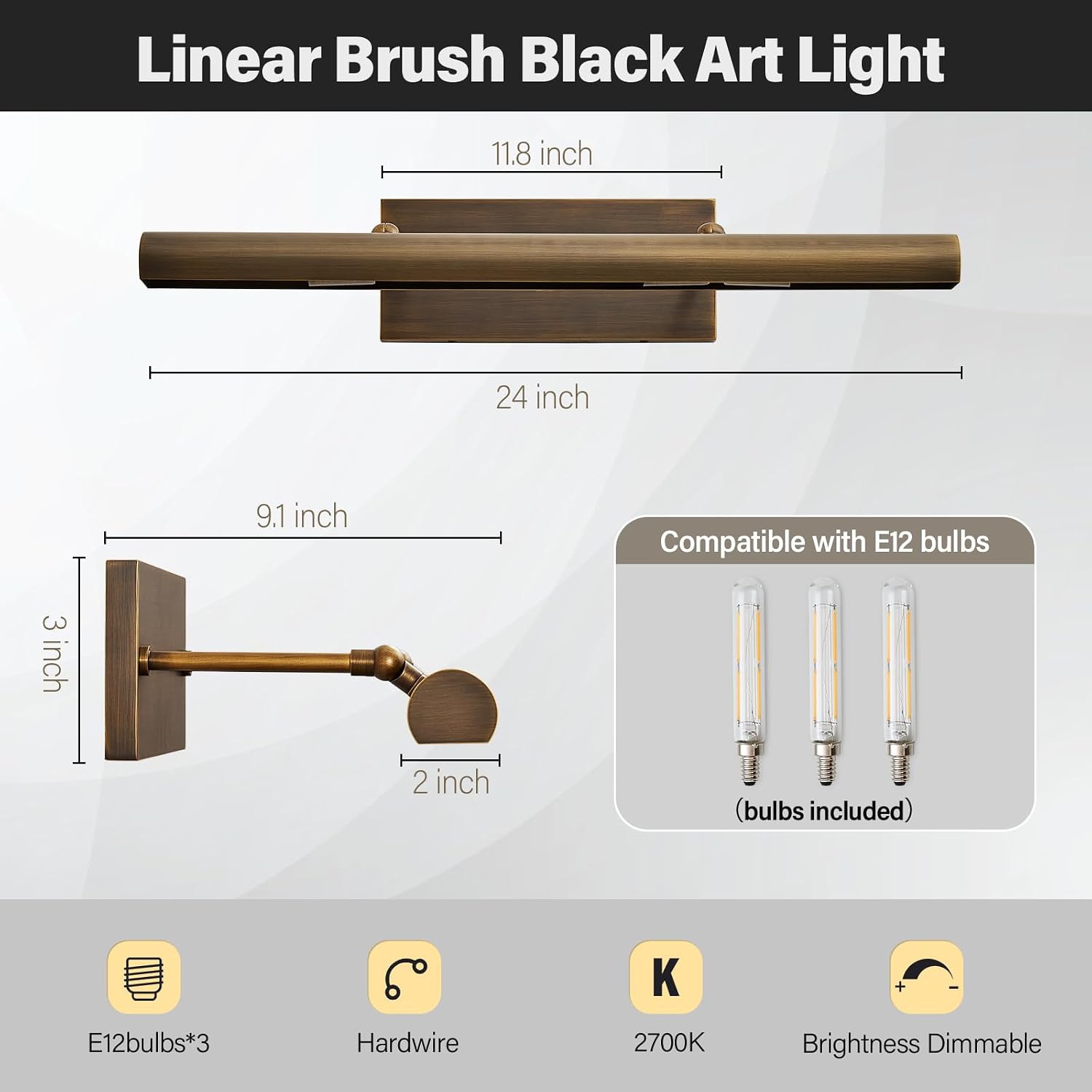 Art Picture Frame Wall Light: 24' Antiquing Copper Dimmable Artwork Painting Spotlight - Hardwired Swing Arm Rotatable 3 Lights over Picture - Linear Accent Lighting above Photo for Gallery Bookcase