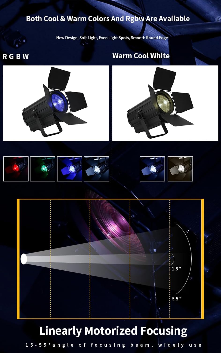 SHEHDS LED 250W Foucs Spotlight COB, Warm Cool Whtie, Linear Zoom 15-55° Stage Wash Lights with Barn Door Fresnel Lens 3200k-5600k DMX512 Spotlight DJ Light for Church Disco Ball Wedding Theater