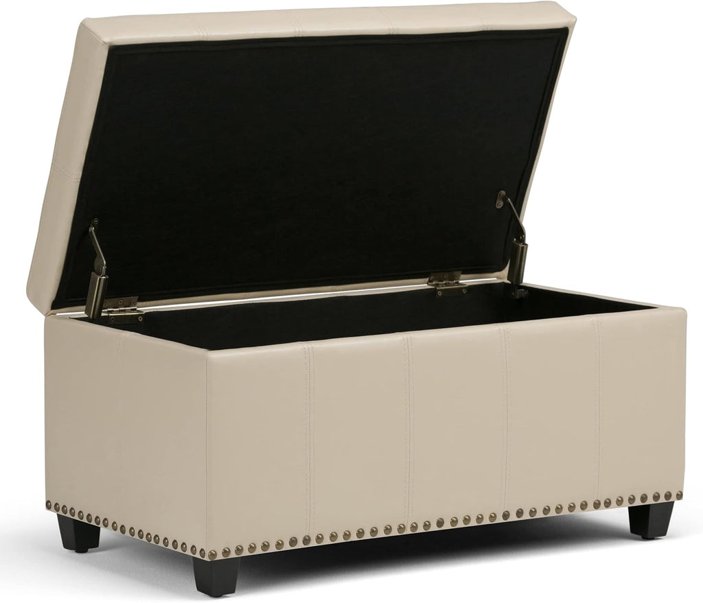SIMPLIHOME Amelia Storage Ottoman - 33 inch Wide Vegan Leather Rectangle Storage Ottoman Bench in Satin Cream, Transitional Ottoman for Living Room with Nailhead Trim and Lift-Up Lid