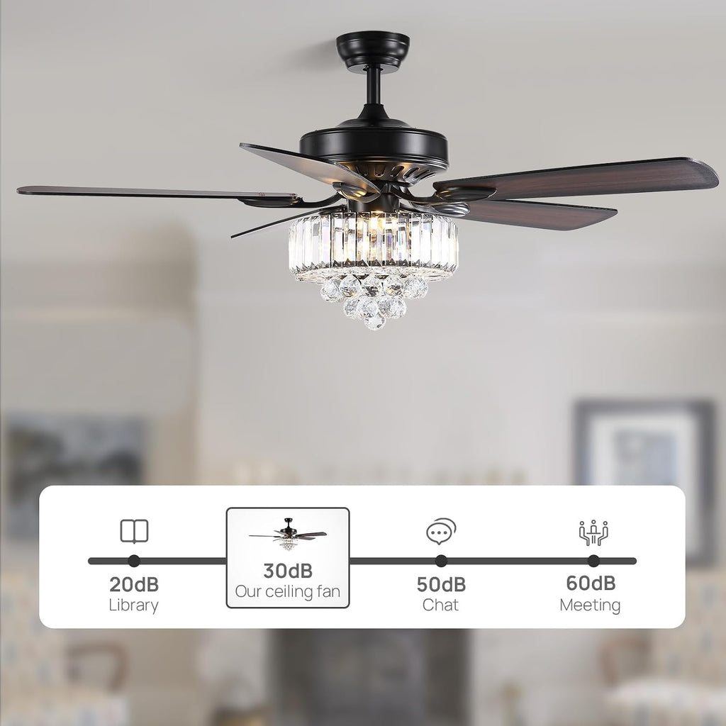 52 Inch Crystal Ceiling Fan with Lights and Remote Modern Black Chandelier Fan for Bedroom 5 Reversible Wood Blades Silent DC Motor Fandelier Ceiling Fans for Living Room Dining Room