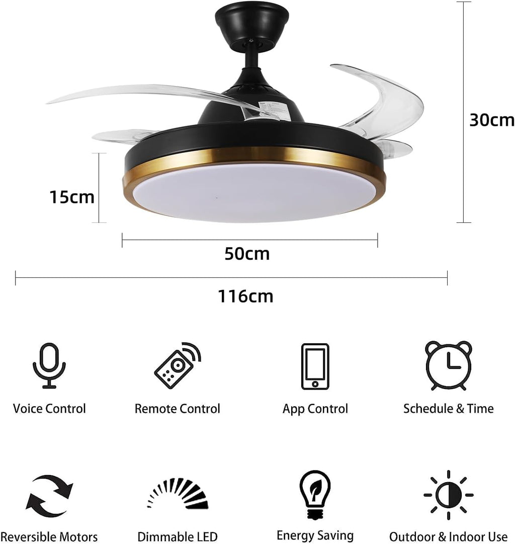 42' Retractable Ceiling Fan with Lights & Bluetooth Speaker Color Changing LED,Black and Gold, Alexa and Google App Control,Invisible Blades, Dimmable Fandelier Chandelier with Remote Control