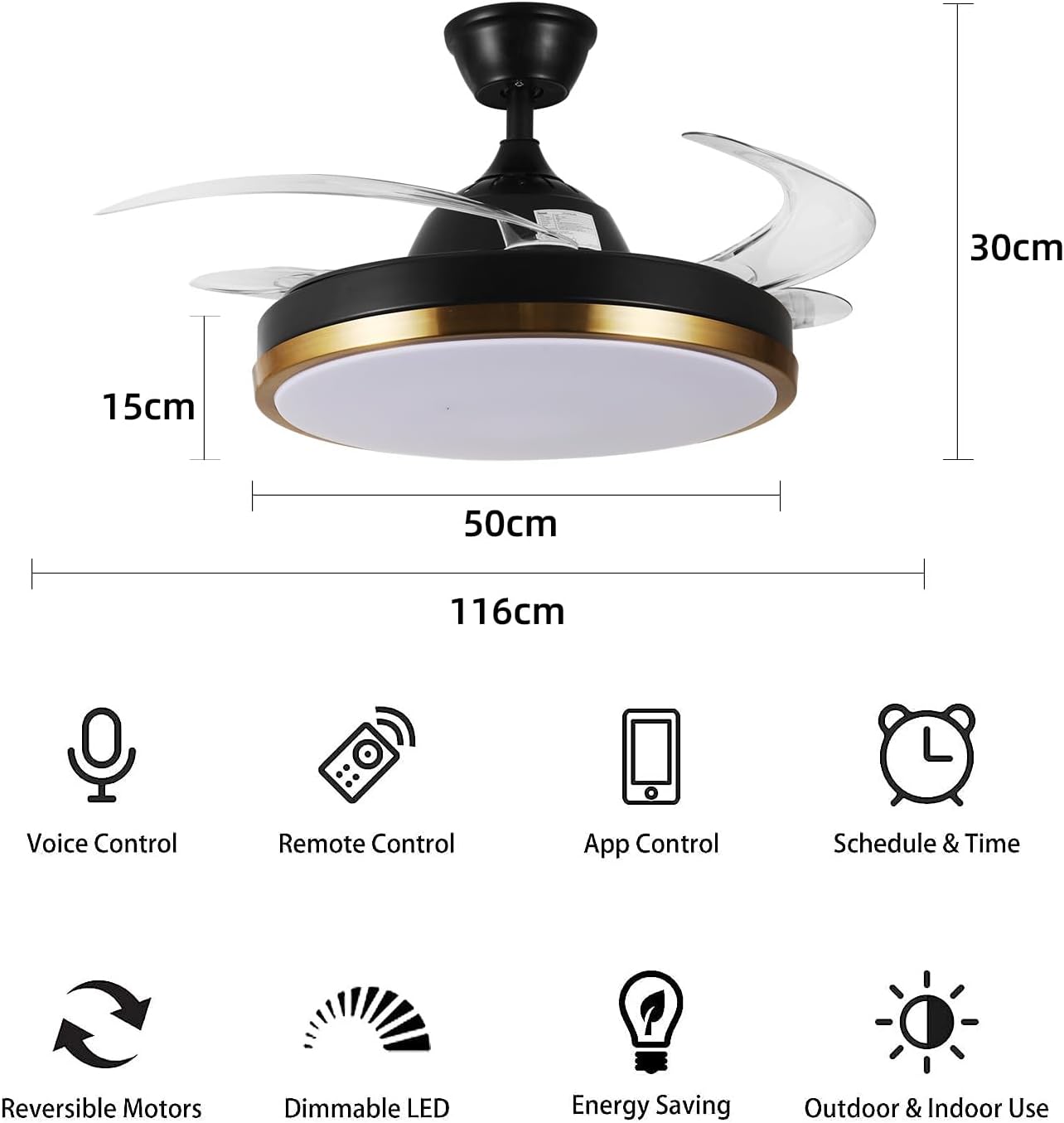 42' Retractable Ceiling Fan with Lights & Bluetooth Speaker Color Changing LED,Black and Gold, Alexa and Google App Control,Invisible Blades, Dimmable Fandelier Chandelier with Remote Control