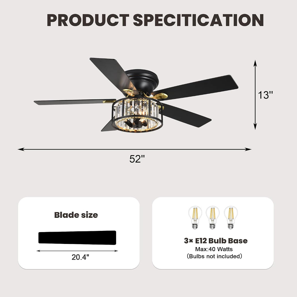 Dawn Whisper 52' Modern Crystal Flush Mount Ceiling Fans with Lights Black | Crystal Chandelier, Low Profile Low Ceilings, Remote Control, Reversible, Noiseless, 6 Speeds, for Living Room Bedroom
