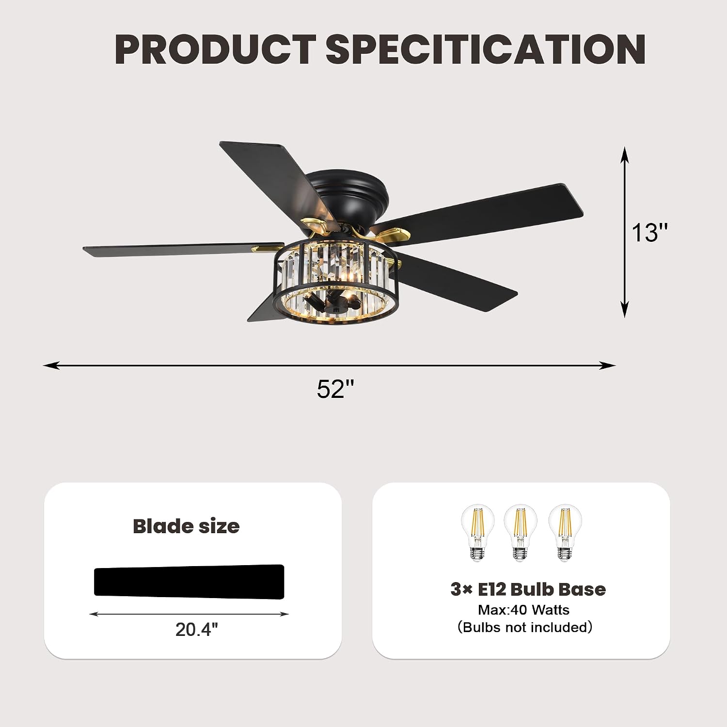 Dawn Whisper 52' Modern Crystal Flush Mount Ceiling Fans with Lights Black | Crystal Chandelier, Low Profile Low Ceilings, Remote Control, Reversible, Noiseless, 6 Speeds, for Living Room Bedroom