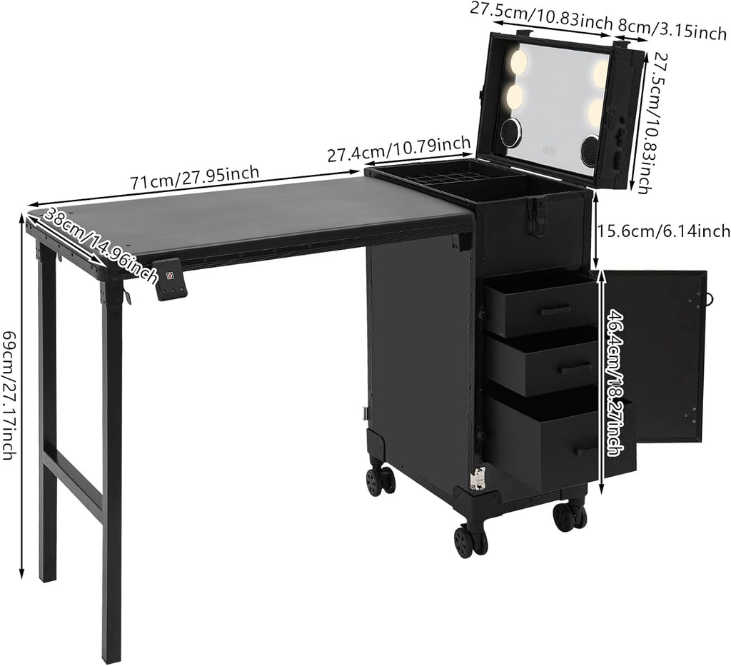 Professional Rolling Makeup Case, Foldable Nail Tables with Detachable Lighted Mirror, Travel Cosmetic Trolley Storage Organizer with Drawers & Bluetooth Speaker, Manicure for Artist (Black)