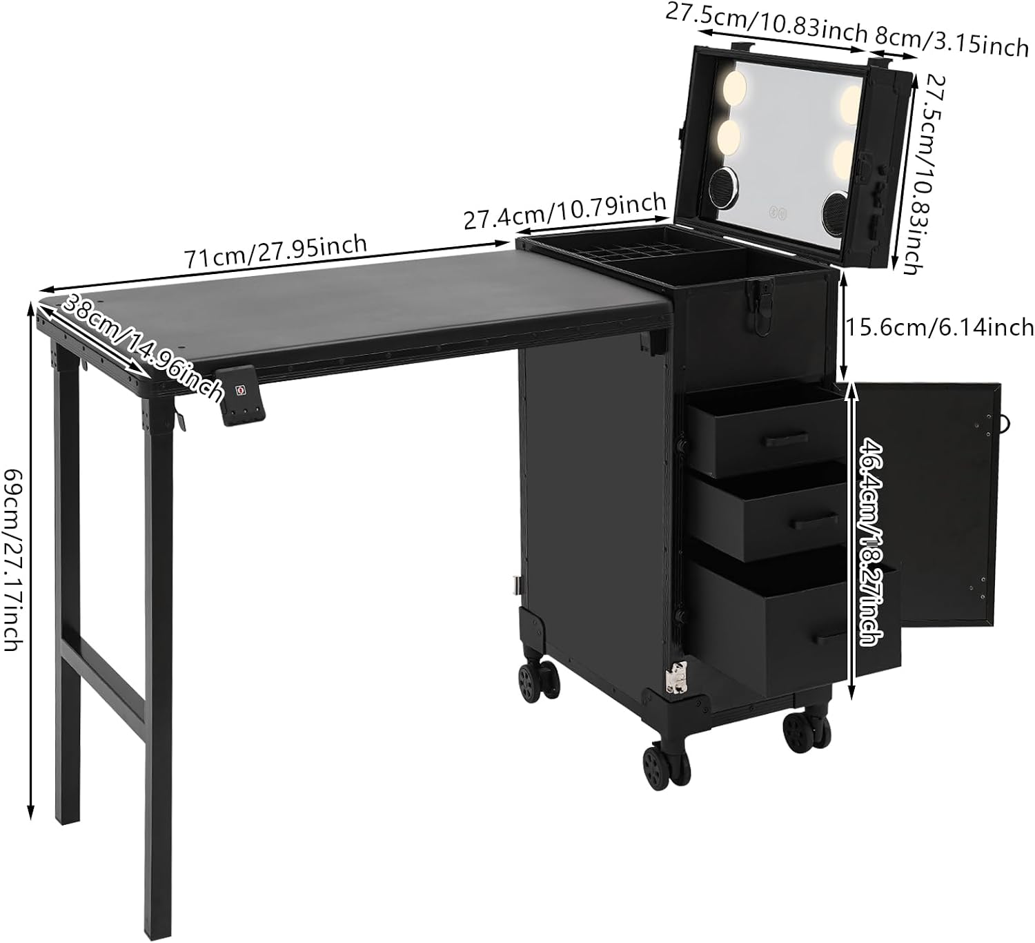 Professional Rolling Makeup Case, Foldable Nail Tables with Detachable Lighted Mirror, Travel Cosmetic Trolley Storage Organizer with Drawers & Bluetooth Speaker, Manicure for Artist (Black)