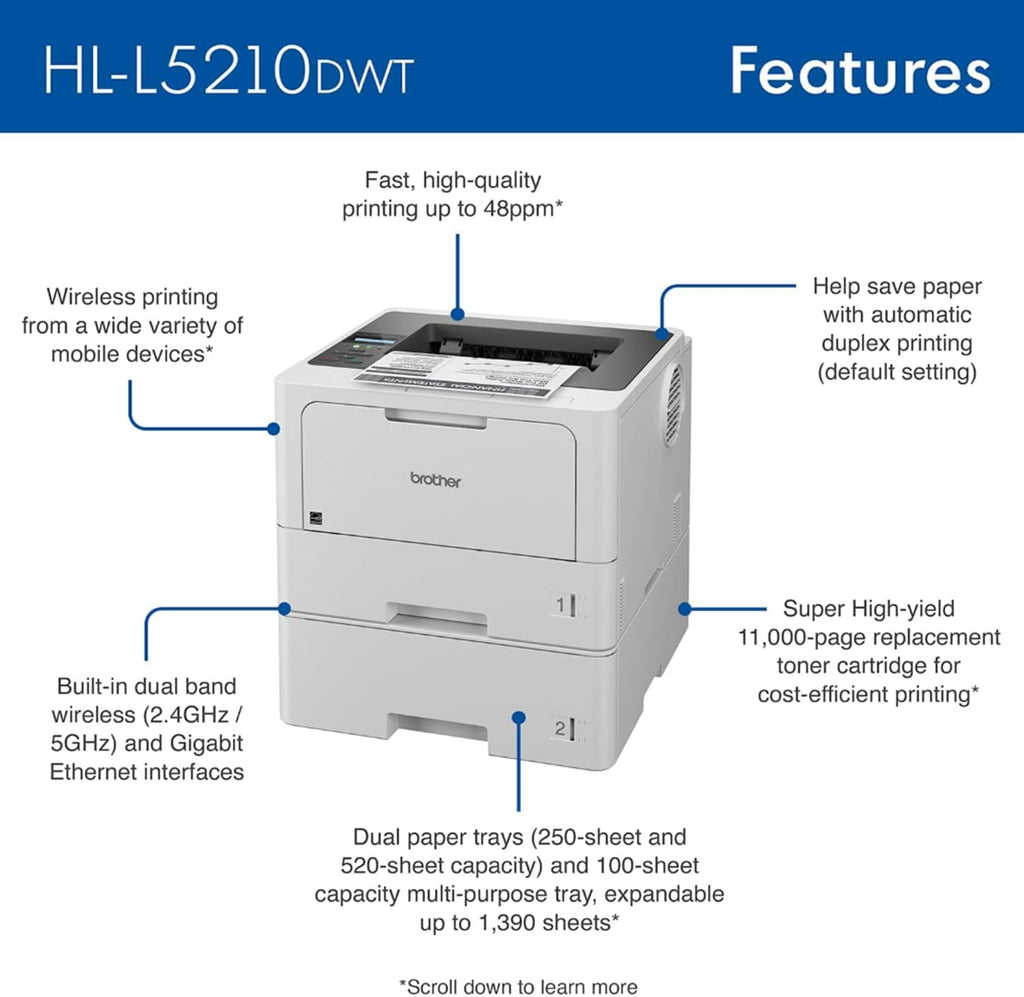 Brother HL‑L5210DWT Business Monochrome Laser Printer Bundle with 26‑Month Protection Plan, Printer Essentials Digital Download, 6FT 4K HDMI 2.0 Cable & 6FT USB Type‑A to Type‑B Printer Cable