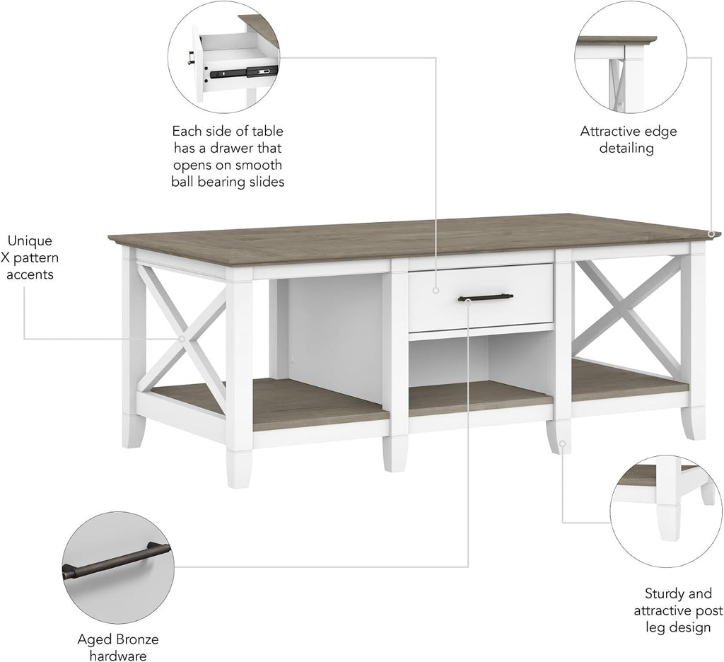 Bush Home Key West Coffee Table with Storage in Pure White and Shiplap Gray