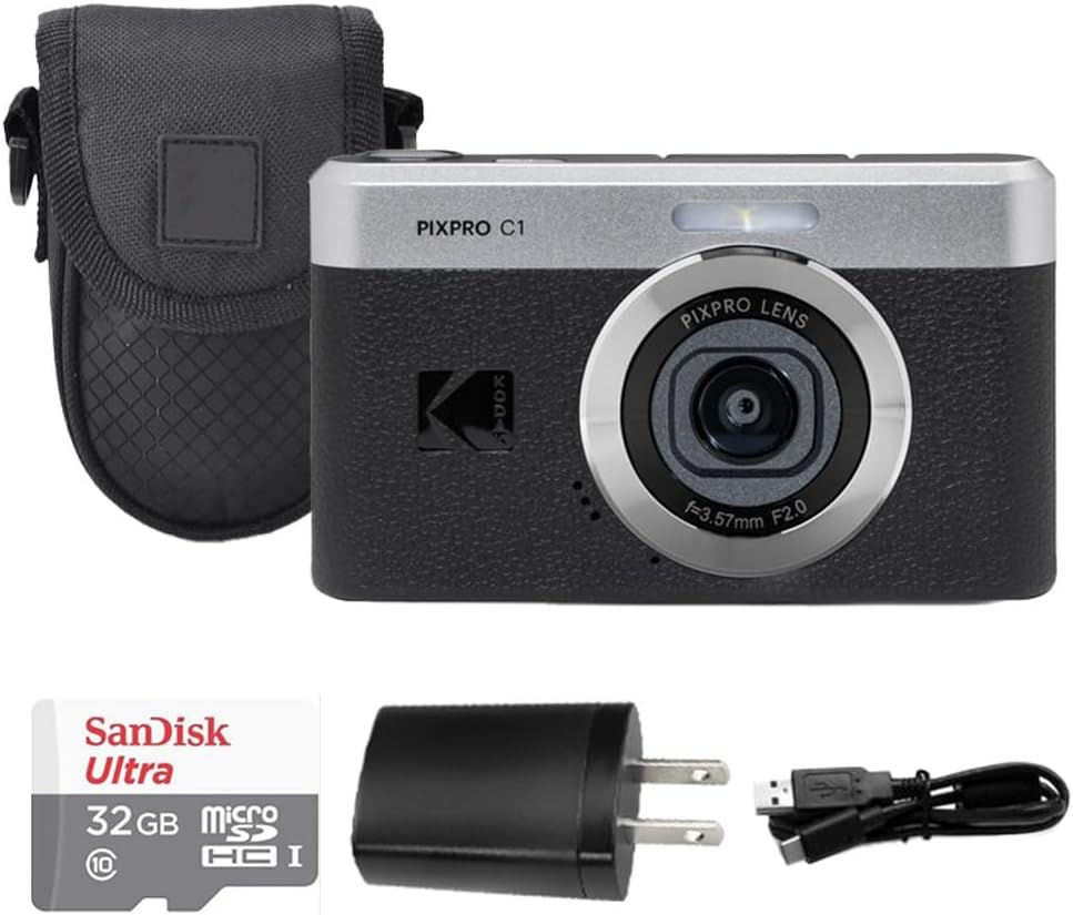Kodak PIXPRO C1 Digital Camera, 13MP Compact Point & Shoot, 2.8″ 180° Flip LCD Screen, 26mm Wide Angle Lens, 4X Digital Zoom, 1080P Full HD Video, Black + Camera Case & 32GB Micro SD Card