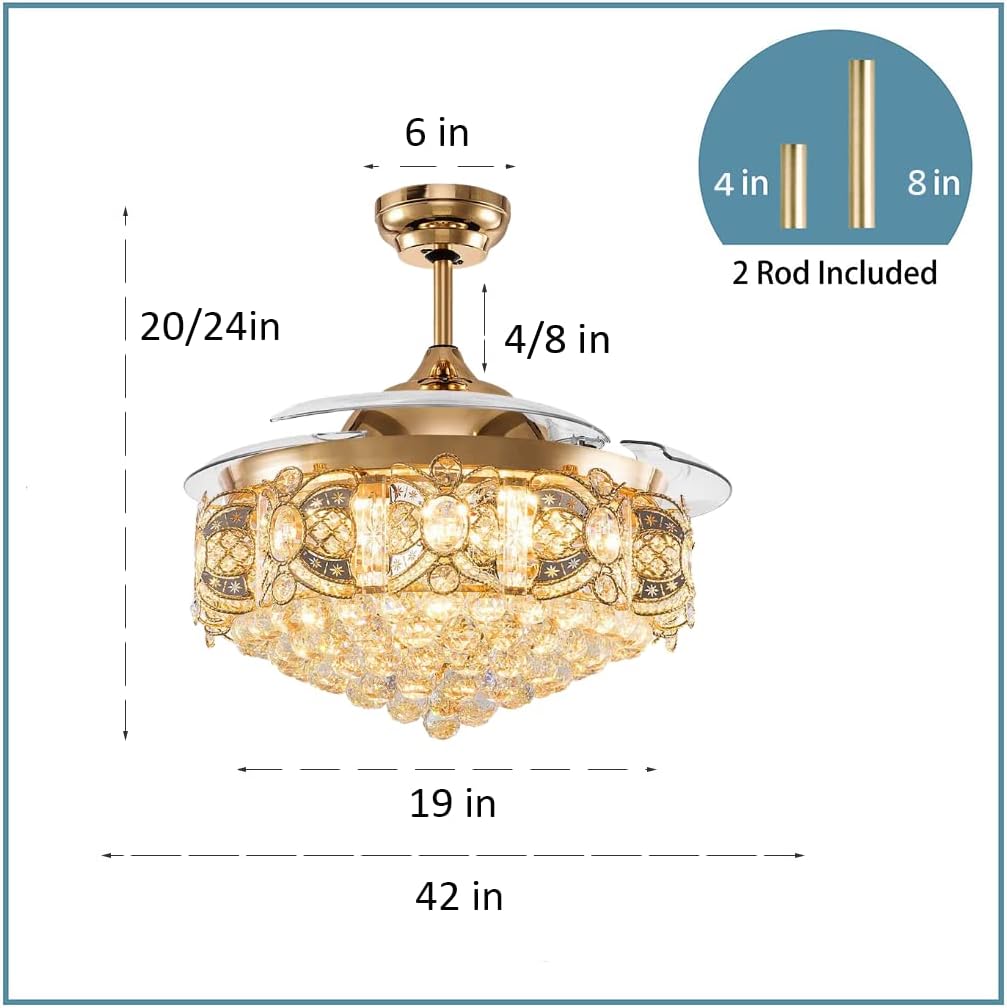 Crystal Fandelier Ceiling Fan with Light, Modern Retractable Crystal Chandeliers Ceiling Fan, Chandelier Fan with 3 Color Change for Dining Room Bedroom (Rose Gold)
