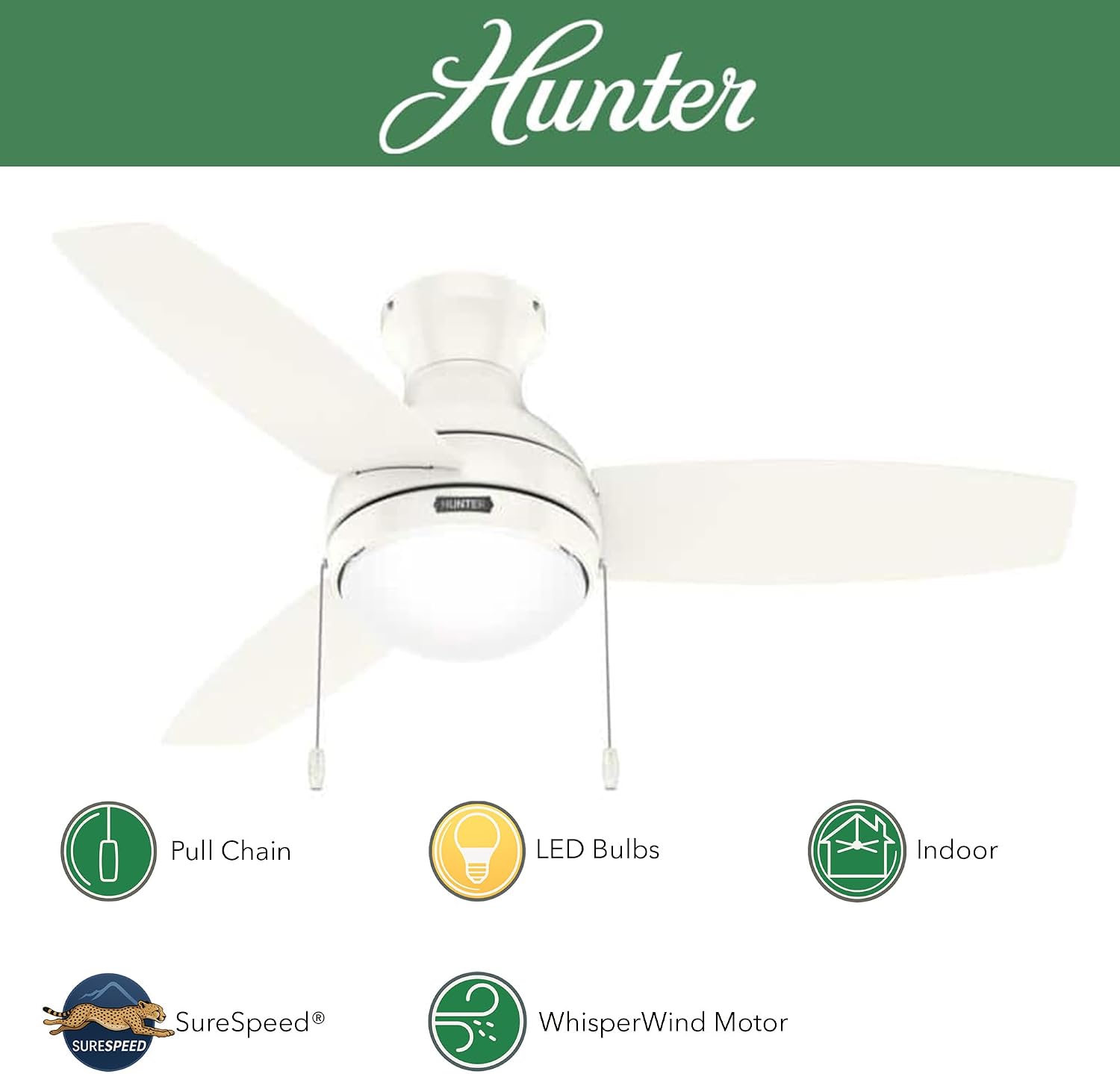 Hunter Fan 44 inch Fresh White Indoor Ceiling Fan with Light and Pull Chain for Bedroom, Living Room, Office, Basement, Kitchen (Renewed), CC5C27C65