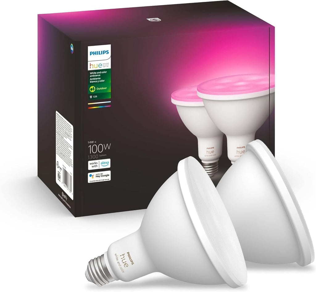 PHILIPS Hue Smart 100W PAR38 LED Bulb, 2 Pack, White & Color Ambiance Color-Changing Light, 1300LM, E26, Outdoor Light Bulbs, Control with Hue App, Works with Alexa, Google Assistant and Apple Homekit
