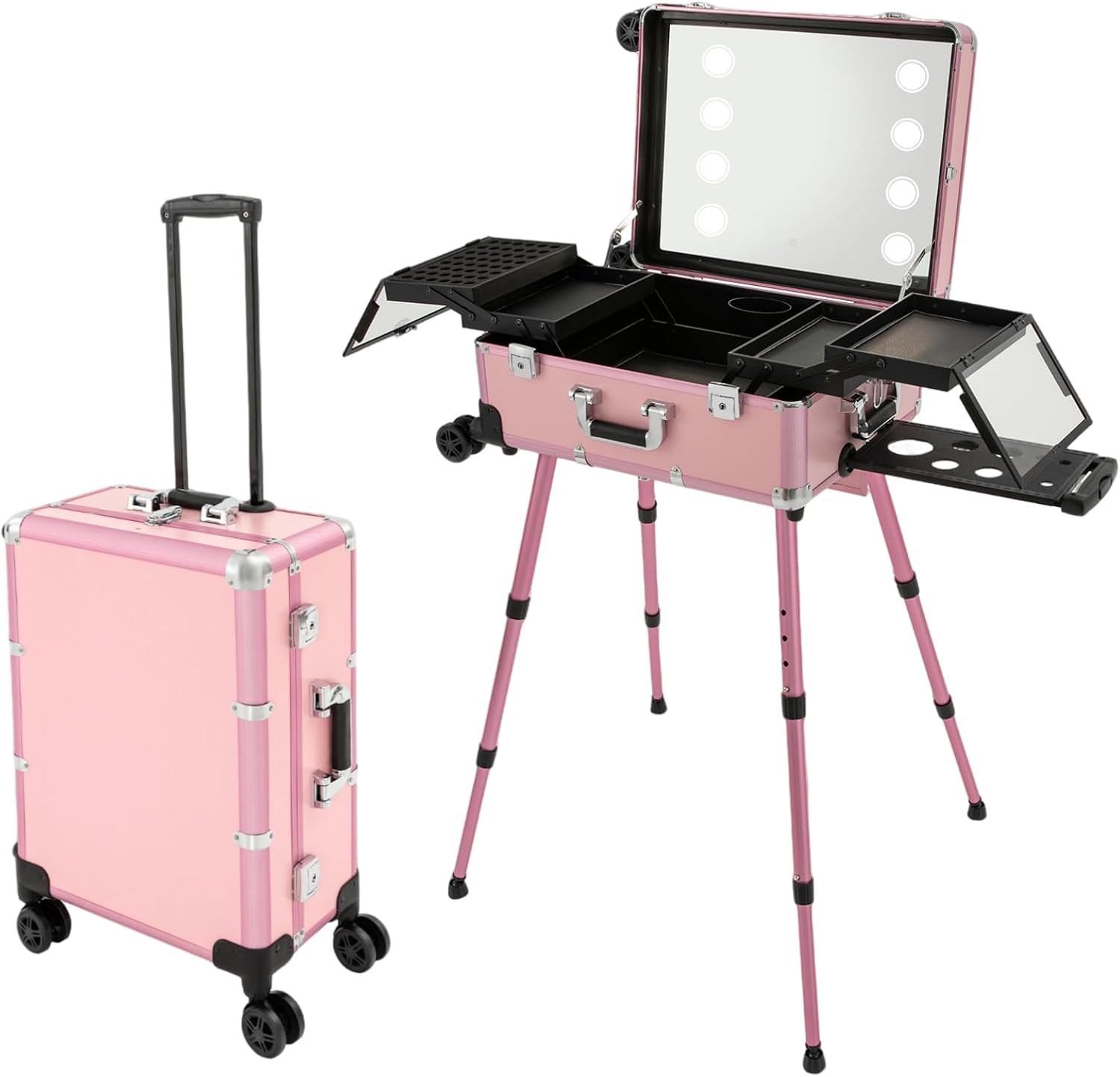 Rolling Makeup Train Case with Portable Makeup Vanity, Professional Protable Aluminum Alloy Trolley Salon Station with 3 Light Color for Women and Girls