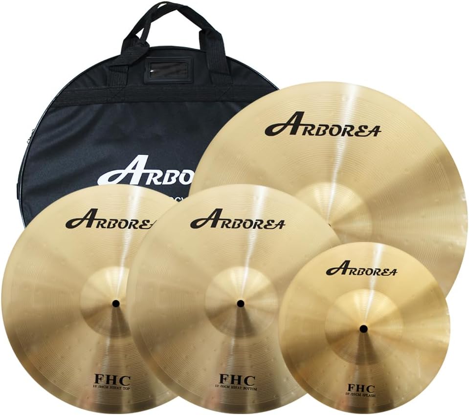 Arborea Brass Cymbal Set 10' Splash 13' Hi-Hats 14' Crash 4 Pcs FHC Series Professional Drum Percussion Durable Bright Sound