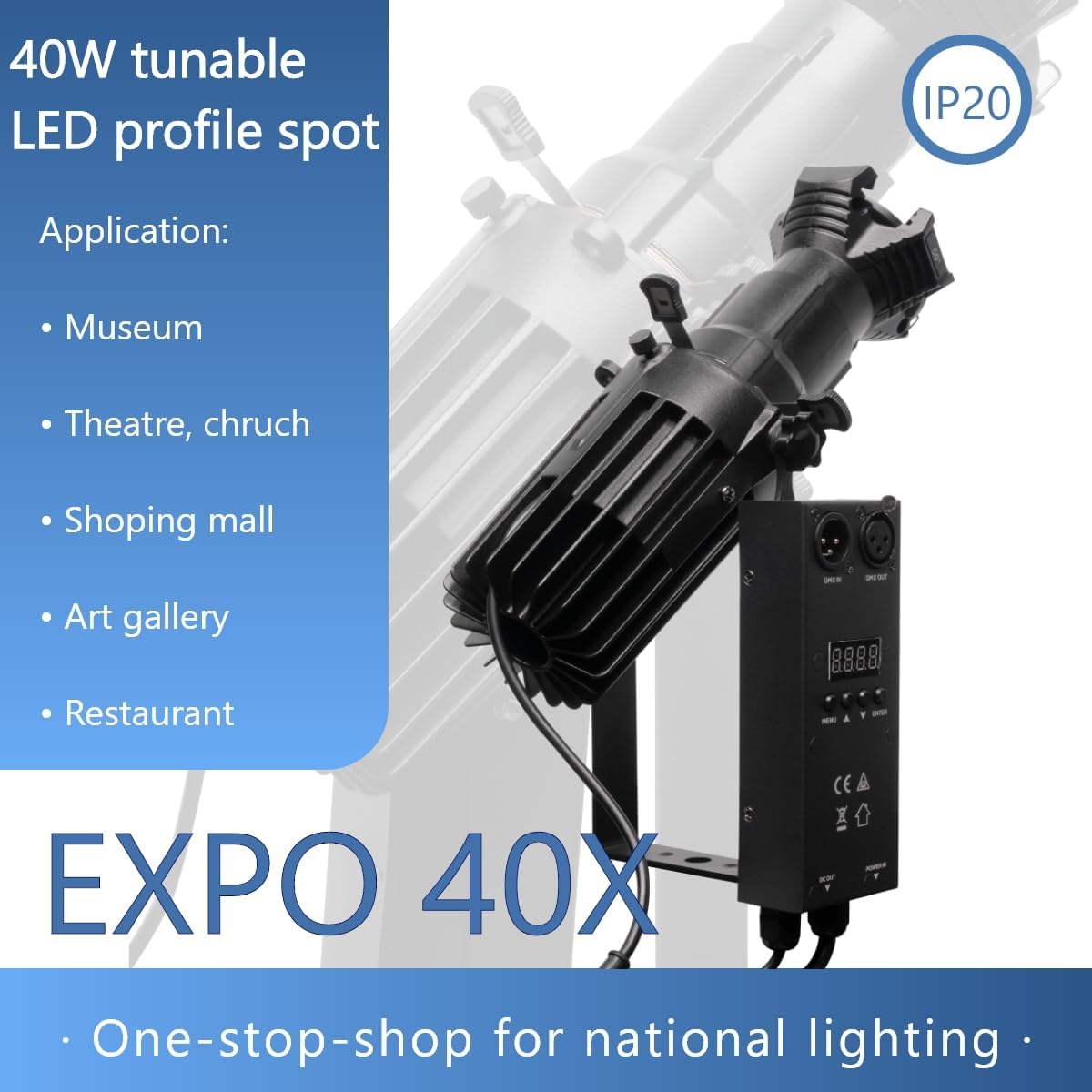 ZVH 40W MiniEllipsoidal Spotlight, Ellipsoidal Light,Four interchangeable lens angles (19°, 26°, 36°, 50°)Manual, DMX,suitable for churches,exhibitions,galleries,and stage lighting (3200K–5600K),3-pin