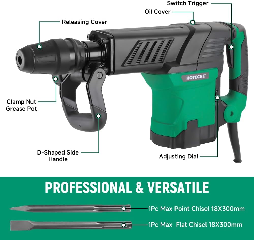 Hoteche Electric Demolition Jack Hammer 1500W Heavy-Duty SDS-MAX Concrete Breaker with Flat & Point Chisel